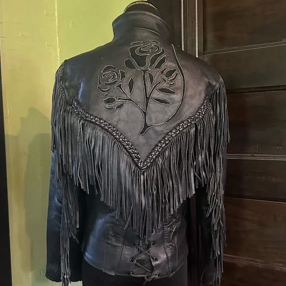 Black Fringe Leather Jacket vintage biker motorcycle jacket - Picture 4 of 10